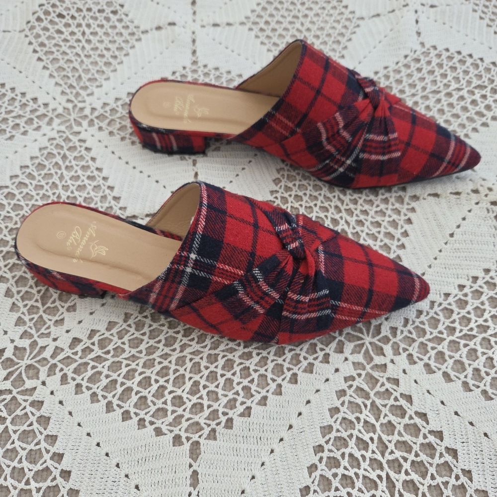 Amanda Blu Red Plaid Mules with Bow Detail Size 10 - Picture 2 of 7